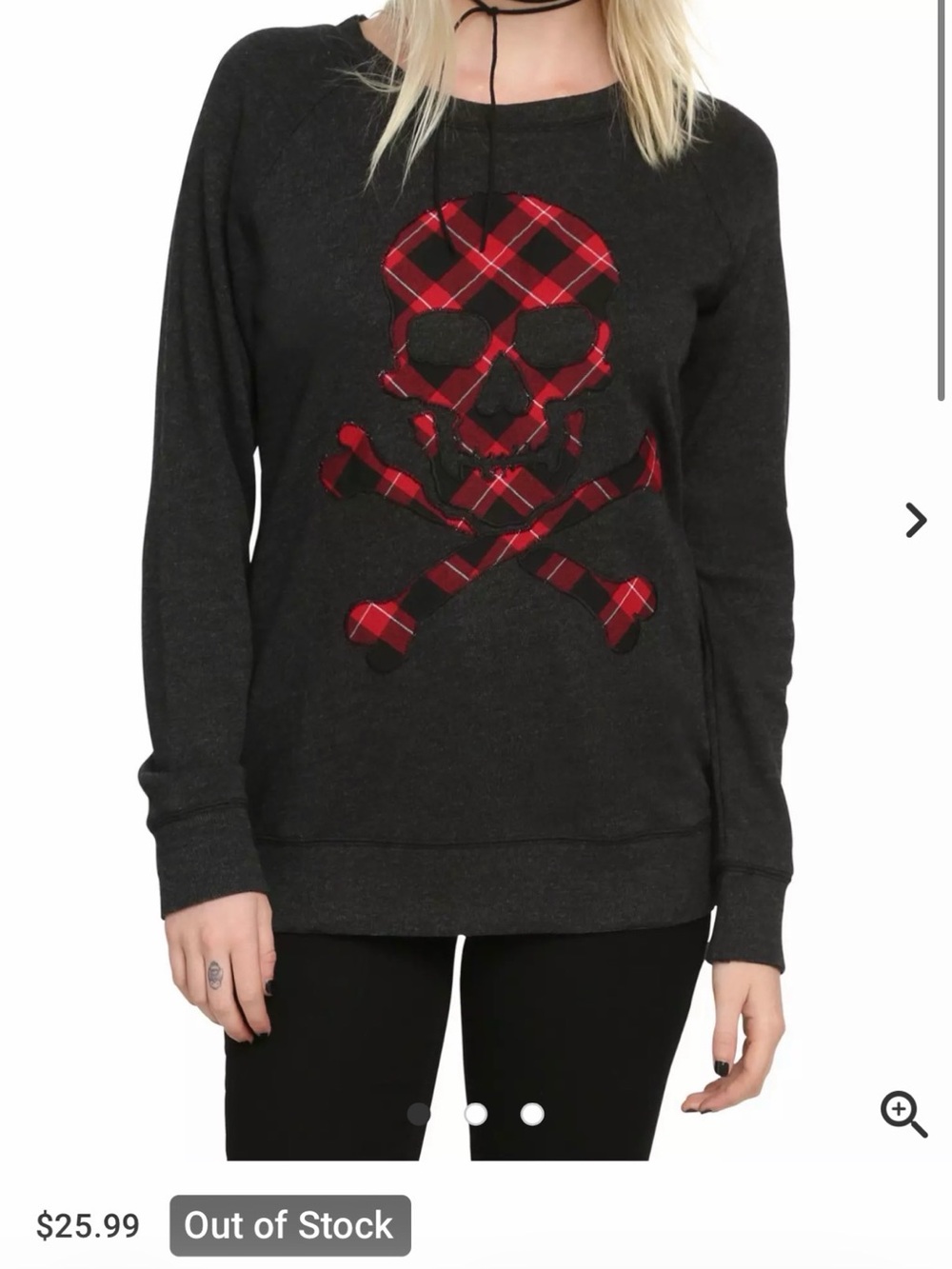 Hot Topic Charcoal Long Sleeve shirt with Red Plaid Skull